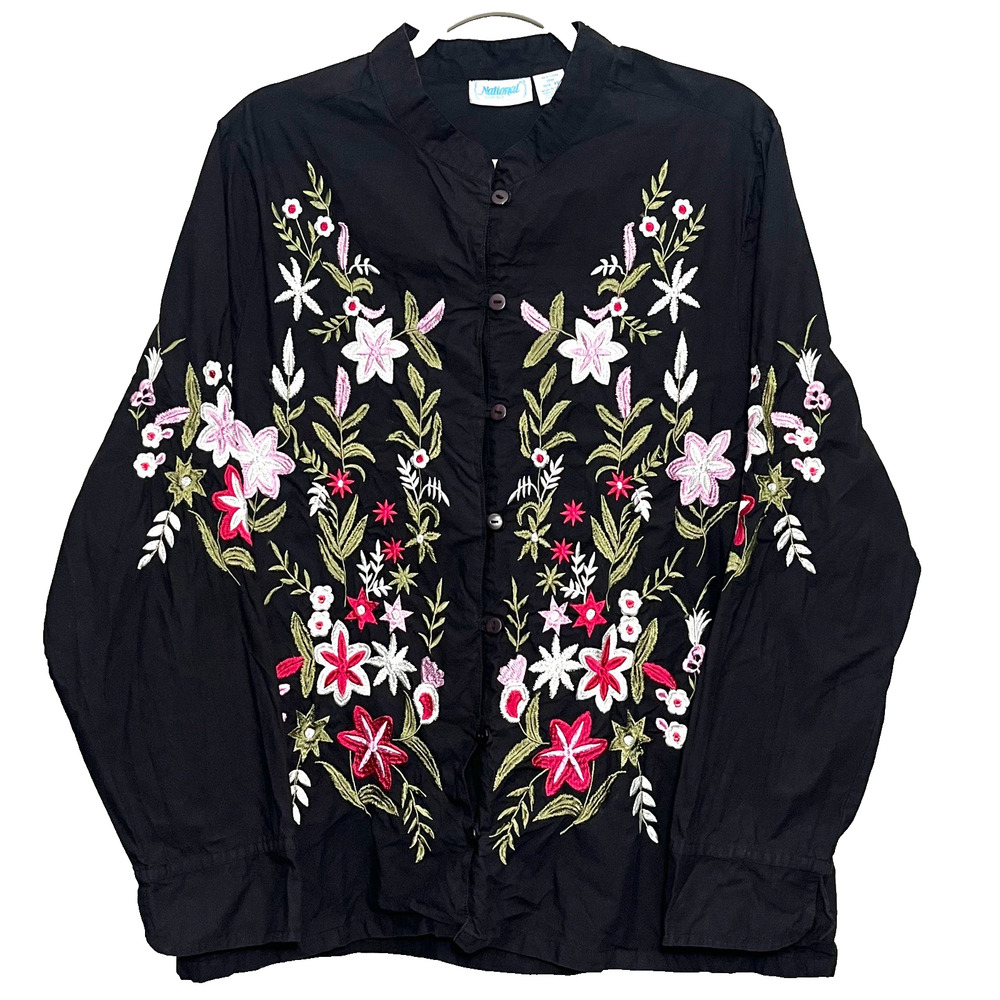 Boho Cotton Dark Floral Embroidery Button Front Pocket Shirt 1X Office Business